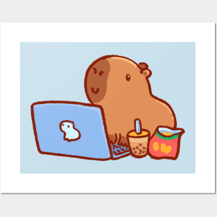 Capybara on a laptop with snacks and drink Posters and Art